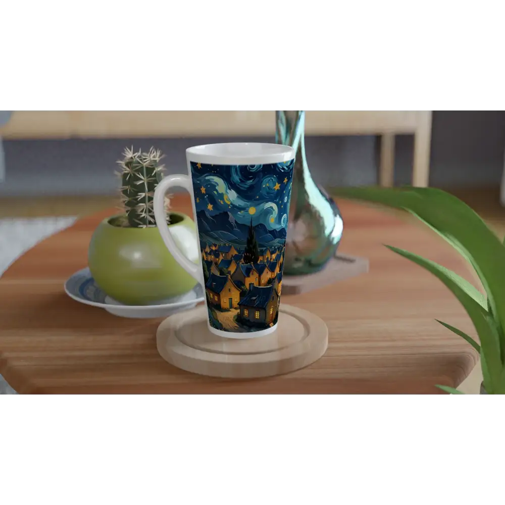 White Latte 17oz Ceramic Mug with Van Gogh Starry Night design featuring swirly sky village