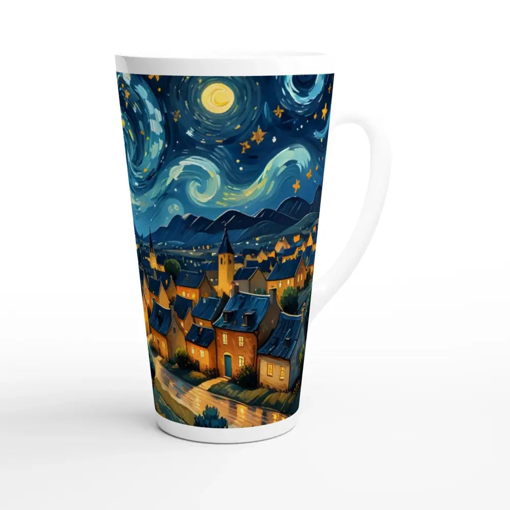 White Latte 17oz ceramic mug with starry night village scene and swirly sky design