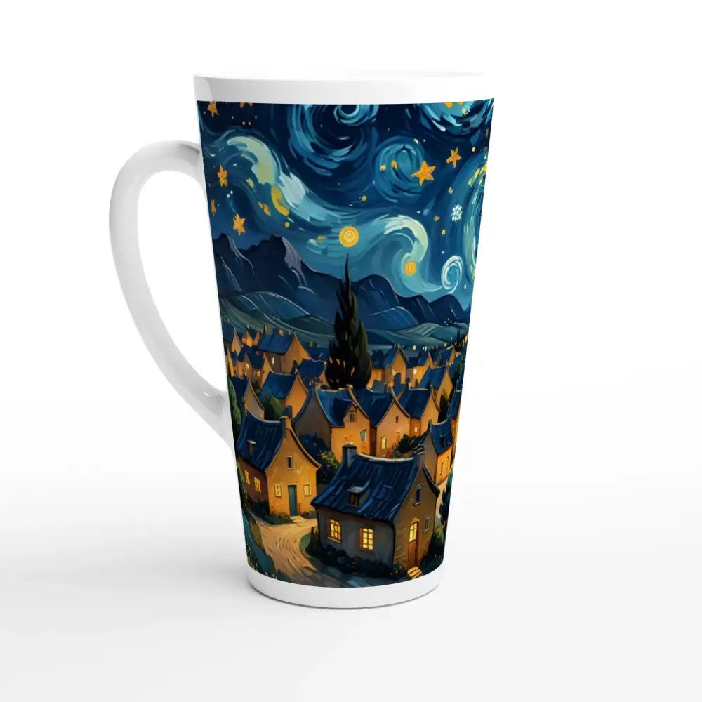 Starry night village latte mug in White Latte 17oz Ceramic Mug Swirly Sky Village design