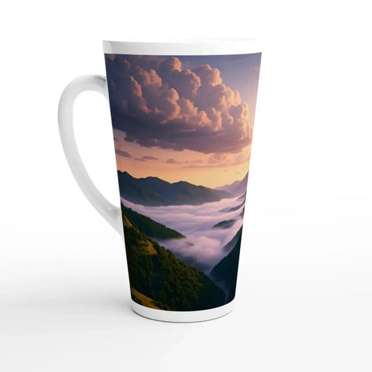 Tall latte mug with mountain vista design from PixiOnyx Cloudline Pour Mug The Edge of Dawn