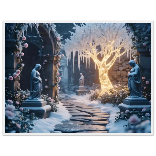 Winter garden with statues from PixiOnyx Frosted Stillness Series framed print