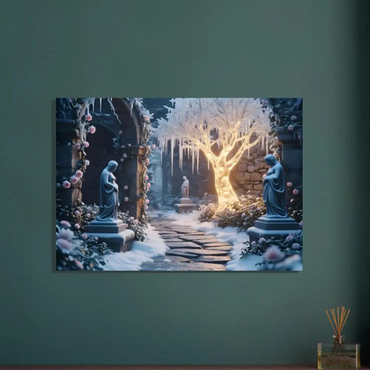 Winter garden canvas print displayed on Winter Tree Aluminum Print by PixiOnyx Crystal Display