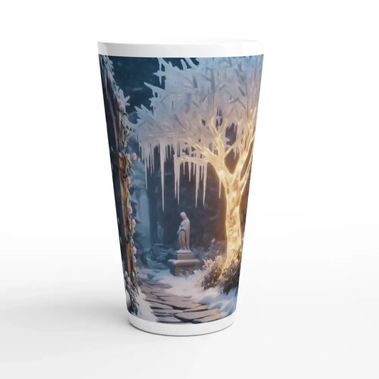 Winter garden scene on a Latte mug in the Winter Tree Ceramic Mug PixiOnyx Drinkware series