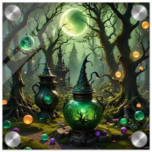 Glowing green witch’s cauldron on Mystic Depth Wall Art acrylic panel for witchcraft decor