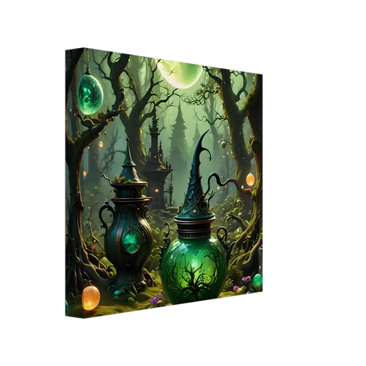 Enchanted potion bottles in a mystical forest for Witchcraft Forest Canvas Wall Art