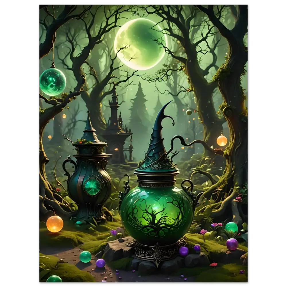 Glowing green witch’s brew pot from Witchcraft Forest Fine Art Poster PixiOnyx Exclusive