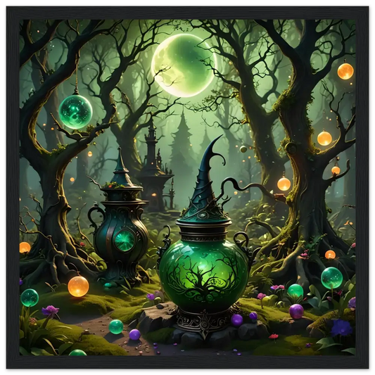 Glowing green witch’s cauldron in Witchcraft Forest Framed Matte Poster Enchanted Forest Wall Art