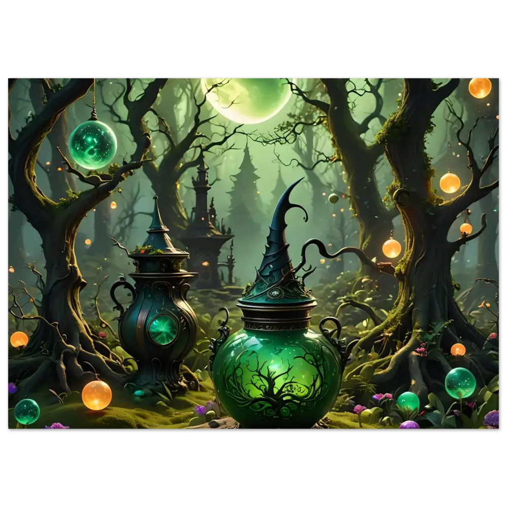 Glowing green witch’s potion jar with pointed hat lid for Luminescent Fantasy Art wall print