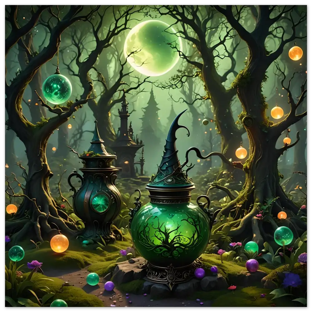 Green magical potion jar with witch’s hat lid in Luminescent Fantasy Art wall print