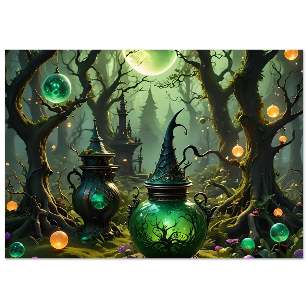Enchanted green potion pot with witch hat lid for Luminescent Fantasy Art Wall Print