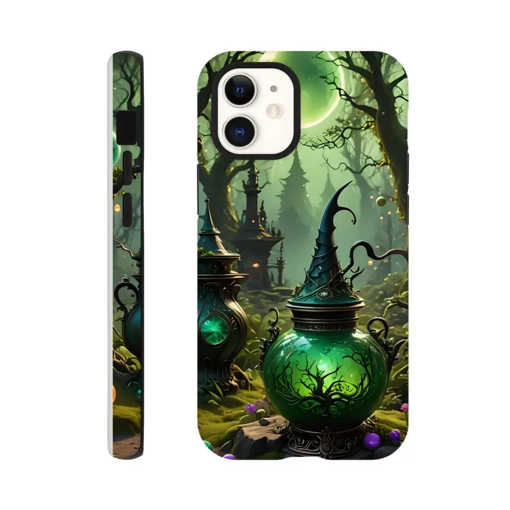 Green witch-themed phone case for iPhone with double-layer protection and magical design