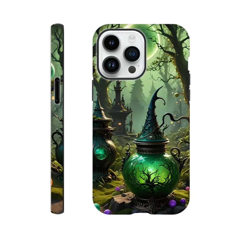 Green witchy phone case with magical forest design for iPhone offers double-layer protection