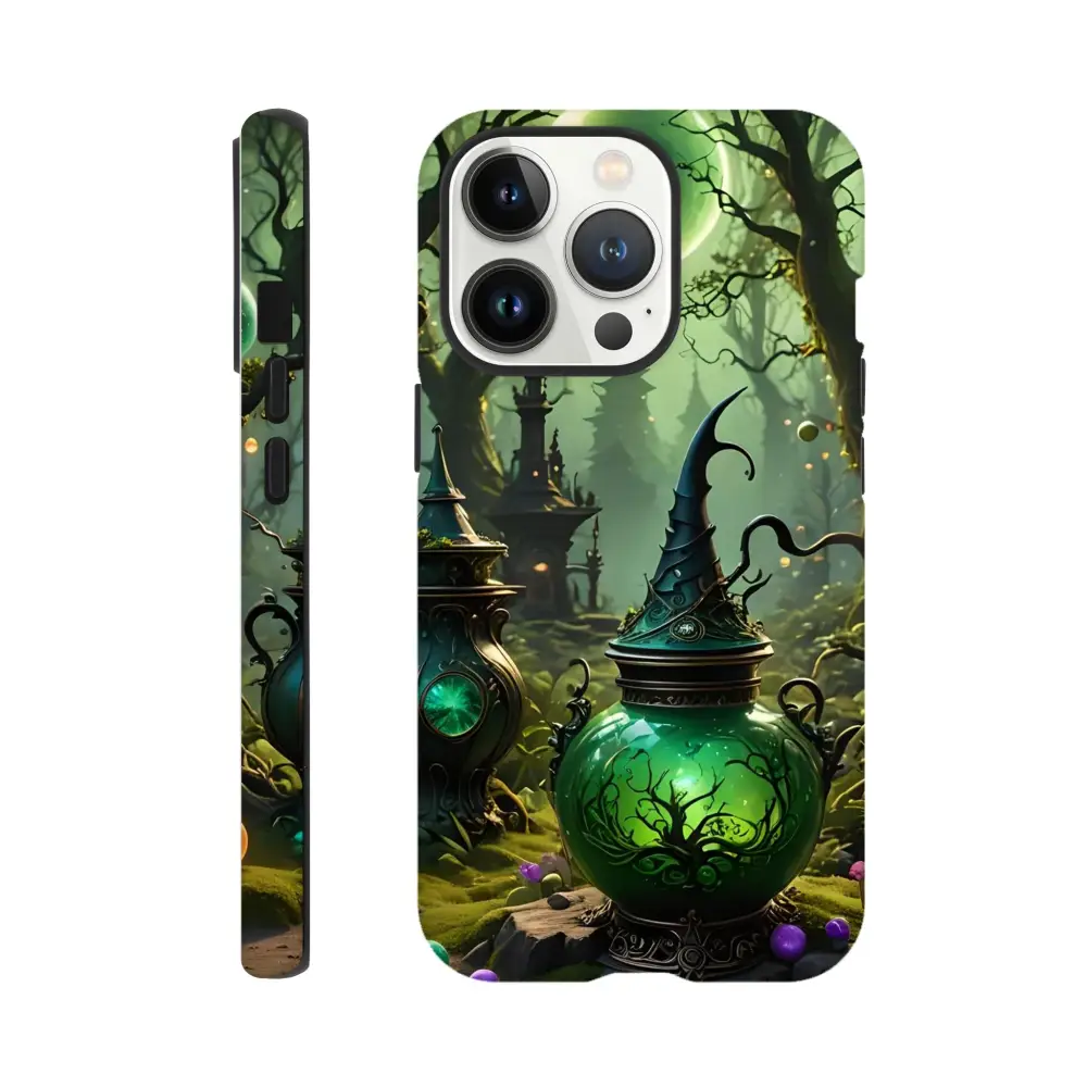 Green witchy phone case with forest design for iPhone offering double-layer protection and magic vibes