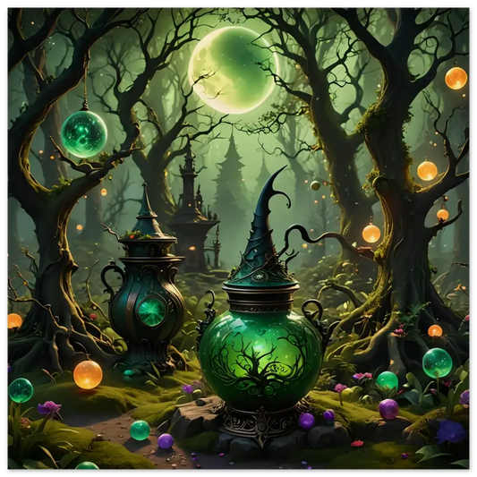 Glowing green witch’s cauldron rustic wall art for Witchcraft Forest Wood Print
