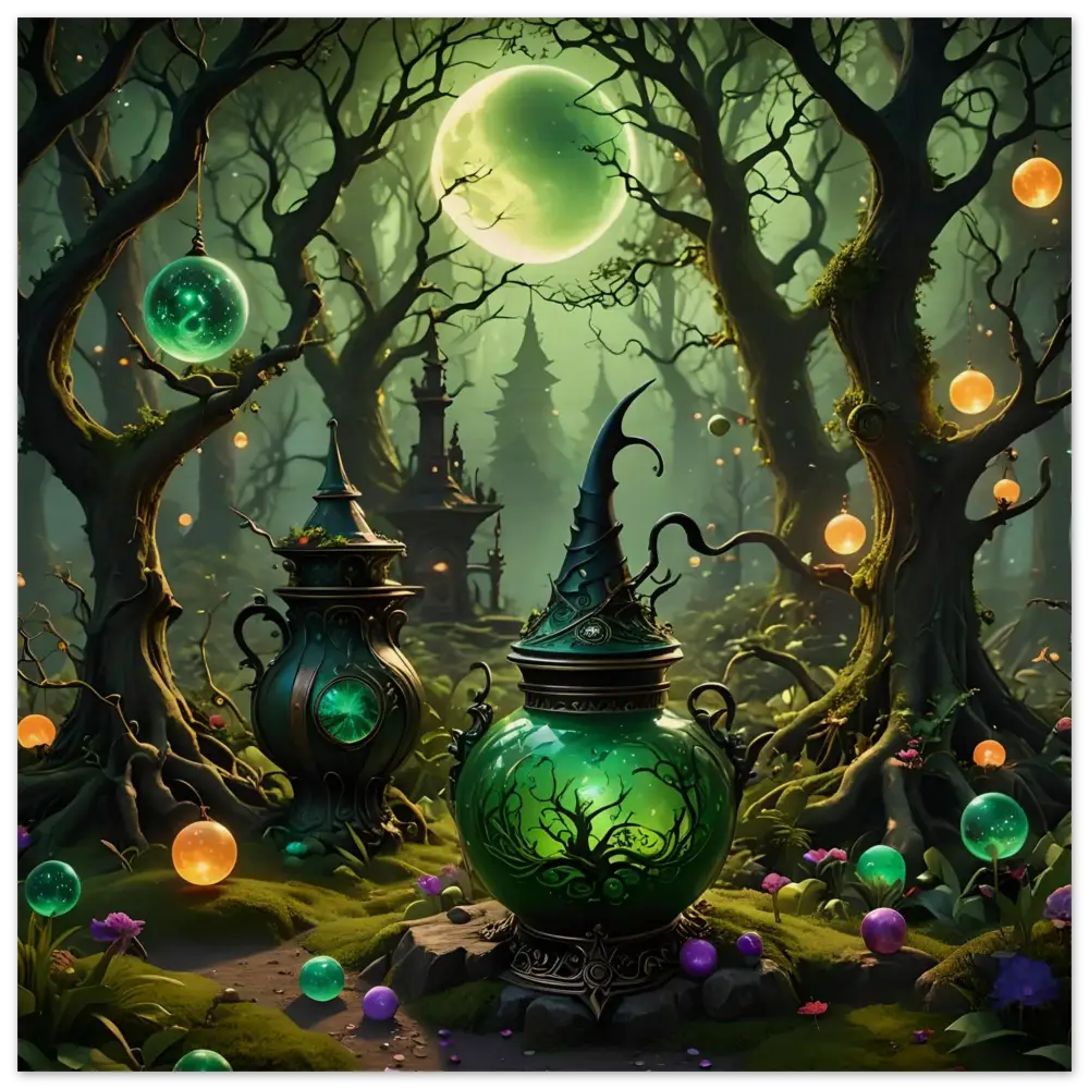 Glowing green witch’s cauldron in rustic magical forest wood print wall art