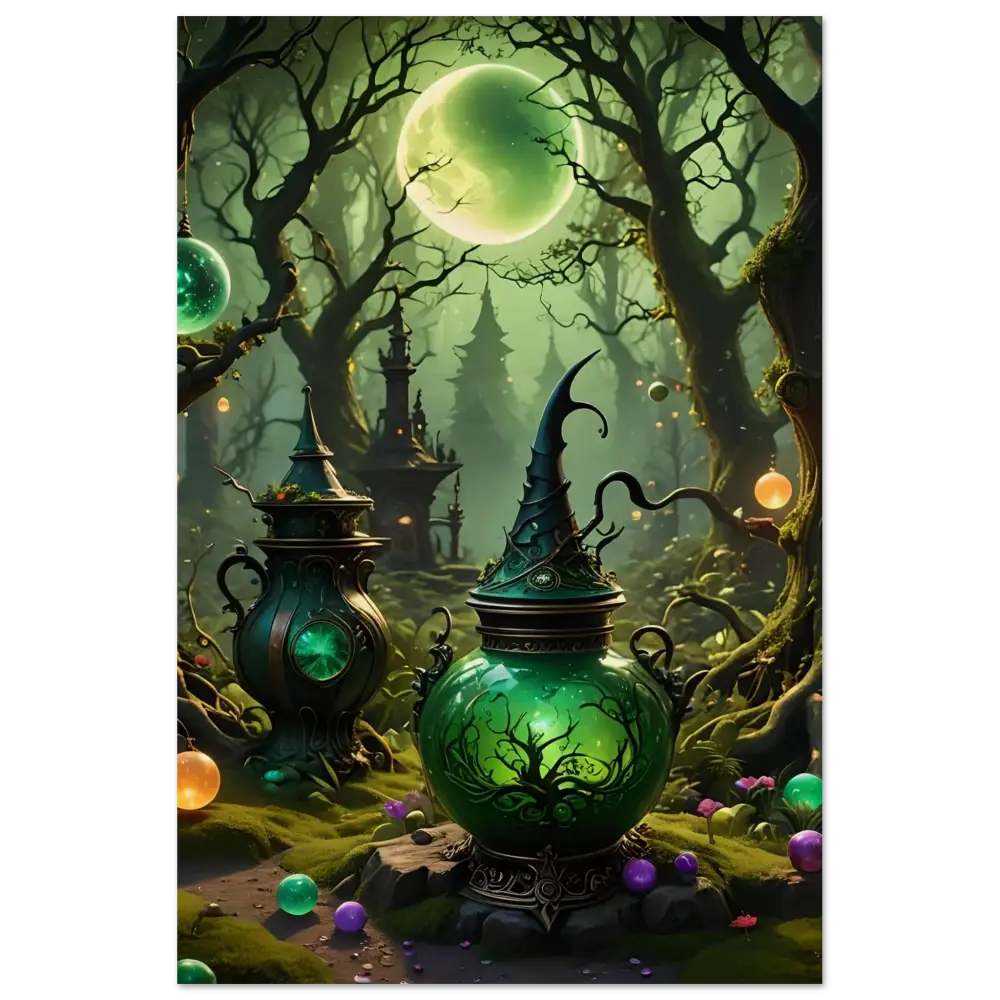 Green witchs potion jar Rustic Magical Wall Art for Witchcraft Forest Wood Print