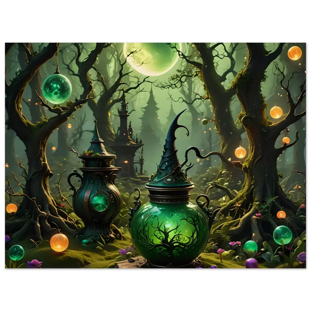 Green witch’s brew cauldron in rustic magical wall art of Witchcraft Forest Wood Print