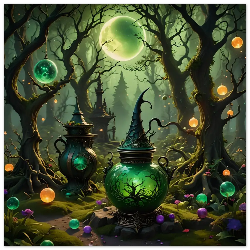 Green witchs potion jar rustic magical wall art for Witchcraft Forest Wood Print
