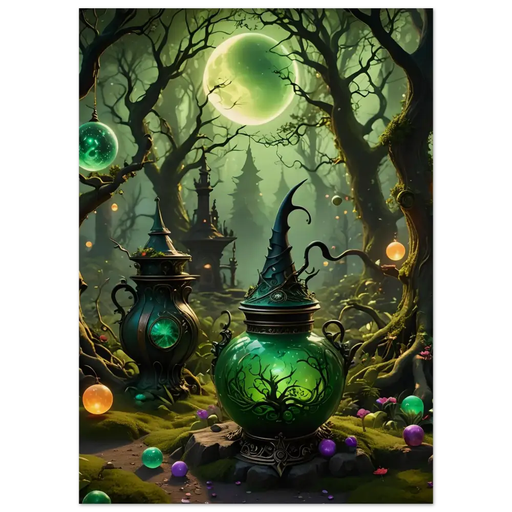 Green witchs cauldron with pointed hat lid rustic magical wall art decor