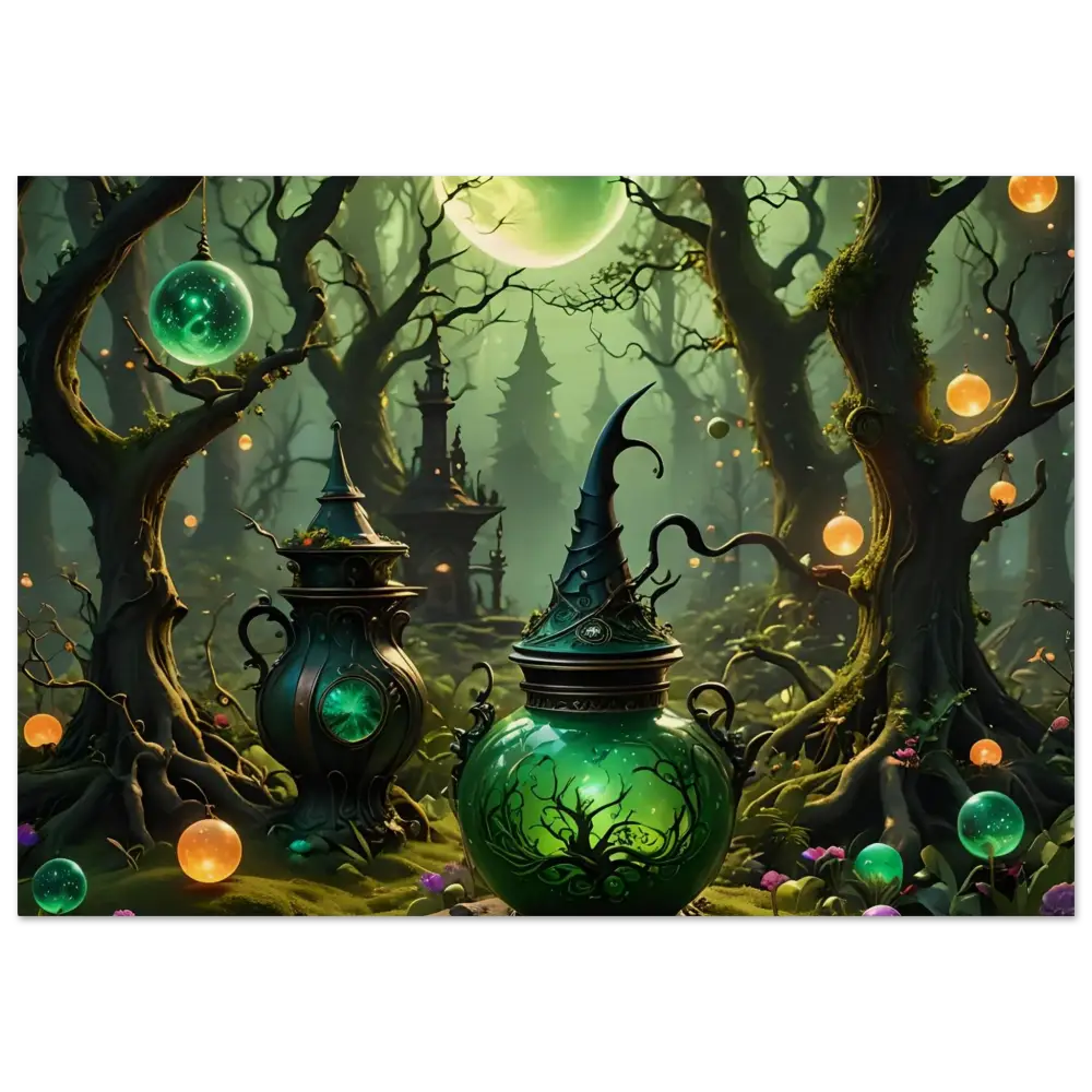 Green witchs potion jar with pointed hat lid on rustic magical wall art background