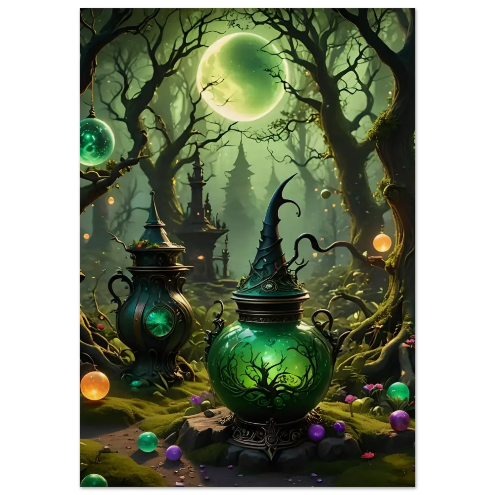 Green witch’s brew pot with pointed hat lid on rustic Witchcraft Forest Wood Print wall art