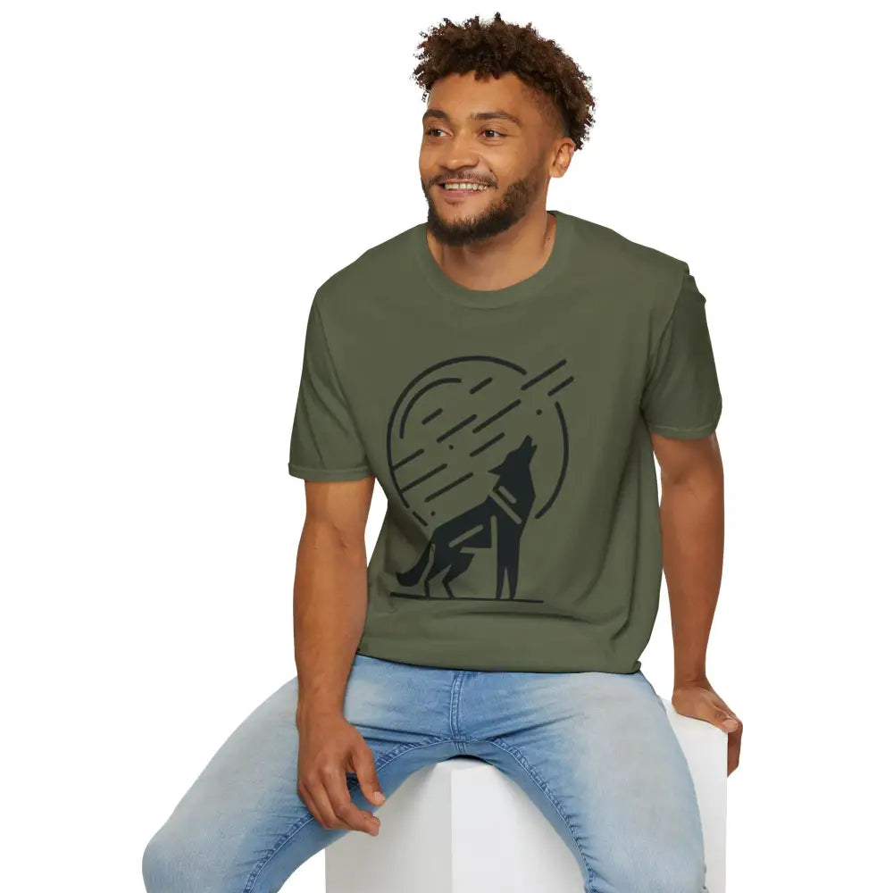 Olive green unisex softstyle t-shirt with a howling wolf graphic, easy care, tumble dry safe