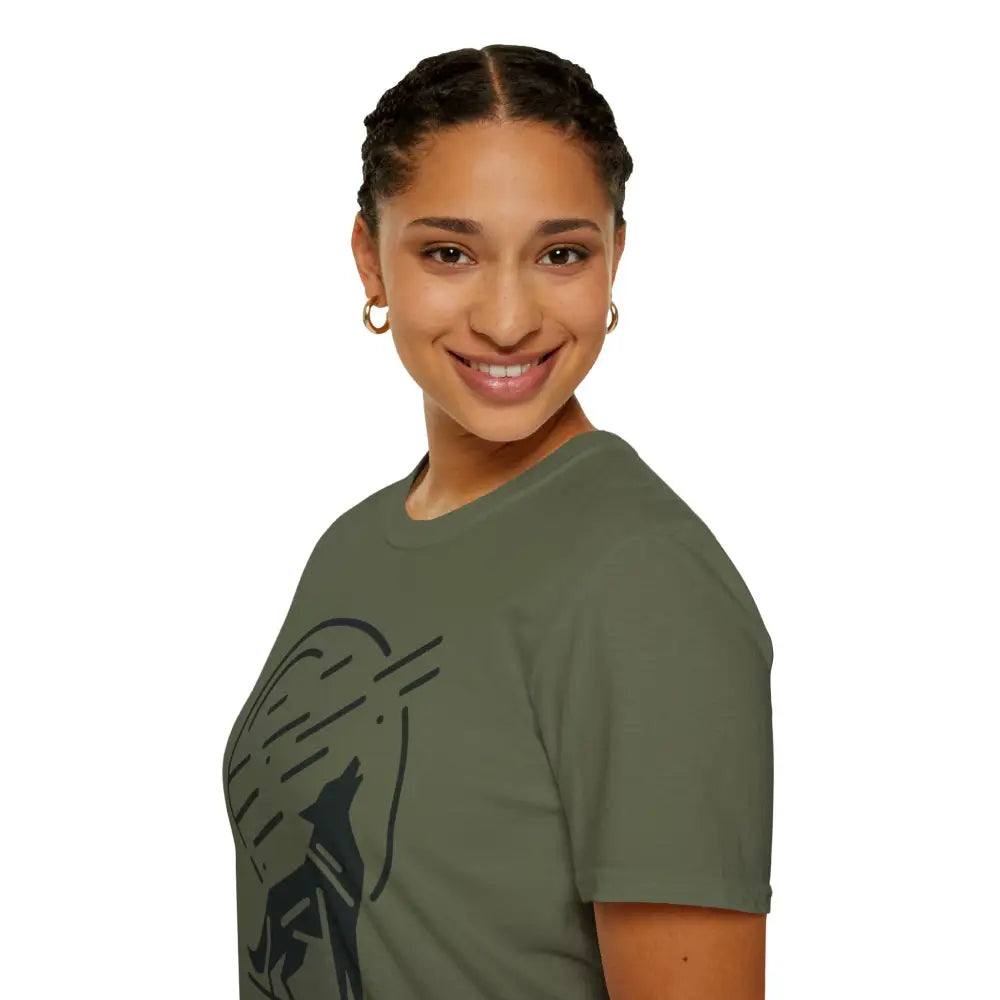 Smiling woman with braided hair wearing olive green unisex softstyle t-shirt with graphic design