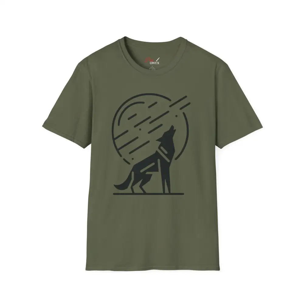 Men’s olive green unisex softstyle t-shirt with black howling wolf graphic, tumble dry safe
