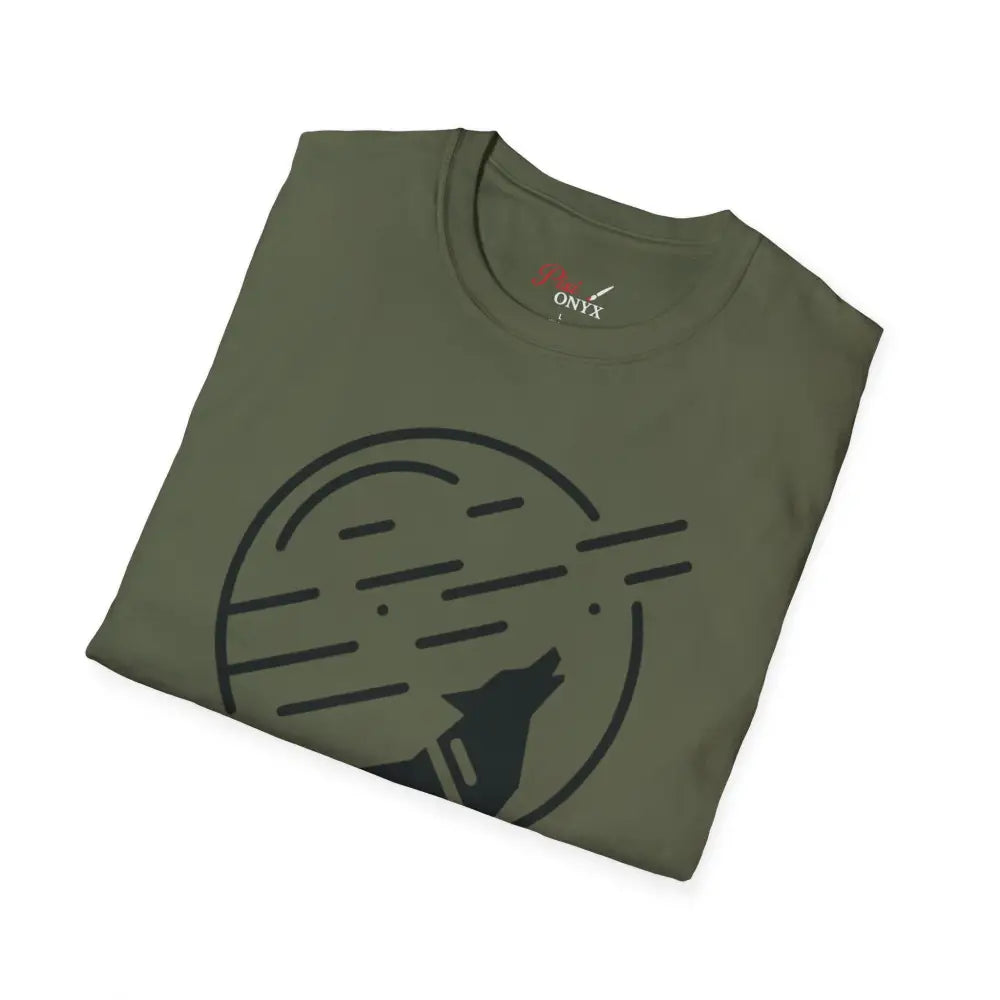 Folded olive green unisex softstyle t-shirt with wolf howling and moon graphic, easy care