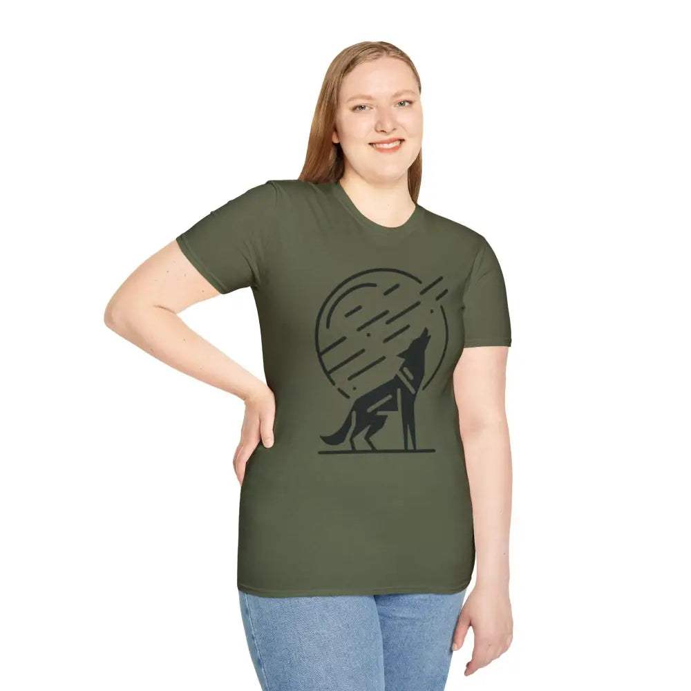 Woman wearing olive green unisex softstyle t-shirt with howling wolf design, easy tumble dry