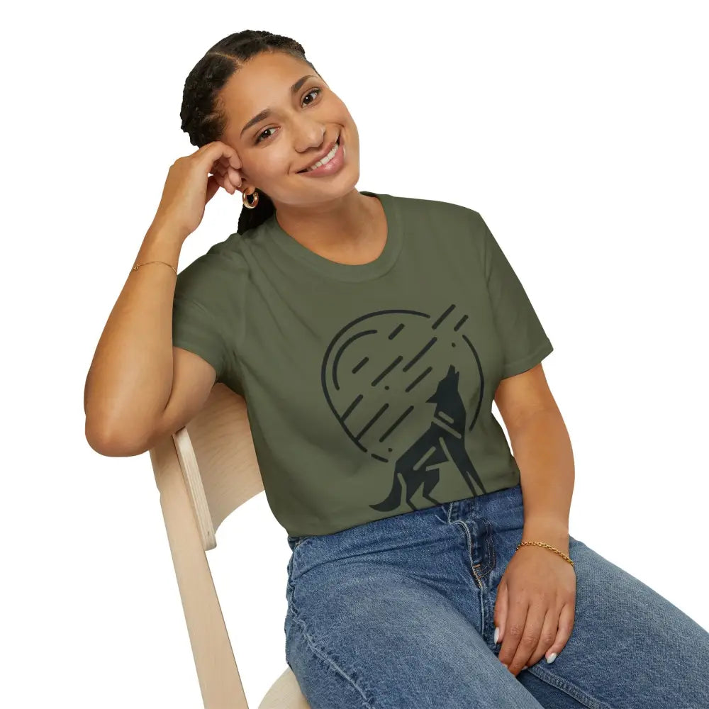 Woman wearing olive green wolf howling unisex softstyle t-shirt with moon, tumble dry safe