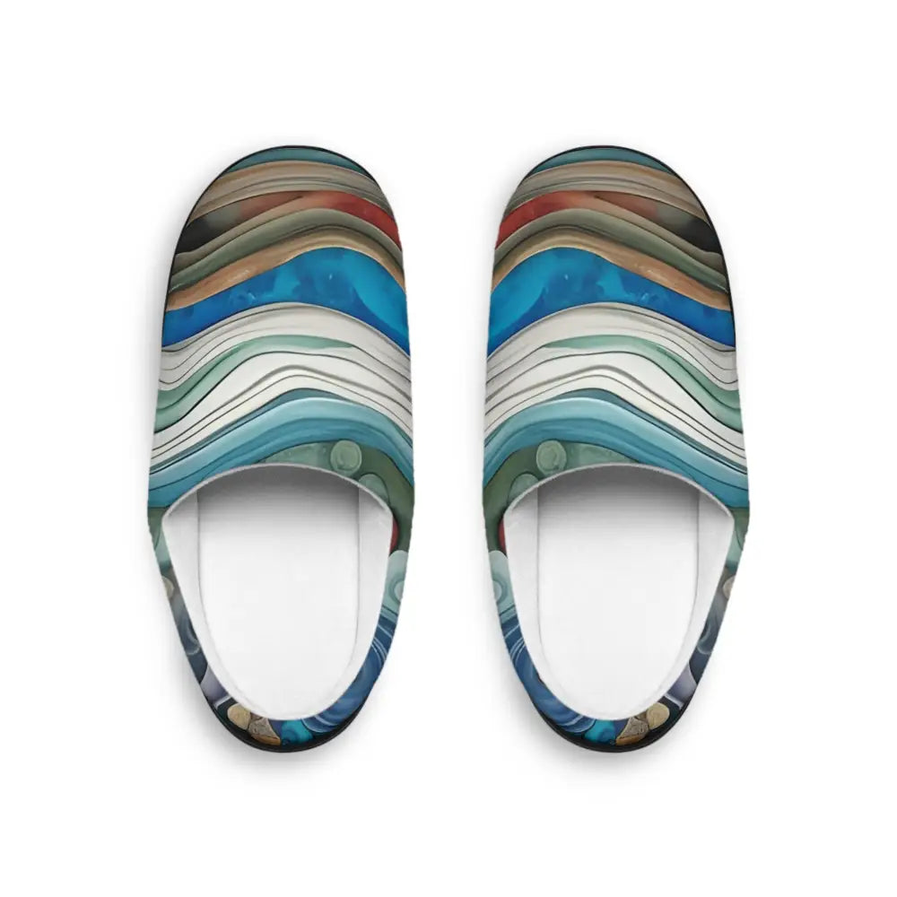 Pair of patterned women’s indoor slippers with abstract ocean design by PixiOnyx