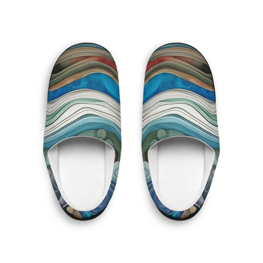 Pair of patterned women’s indoor slippers with abstract ocean design by PixiOnyx