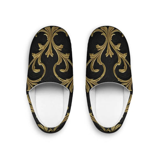 Black and gold patterned women’s indoor slippers from PixiOnyx Luxe Lounge Edition