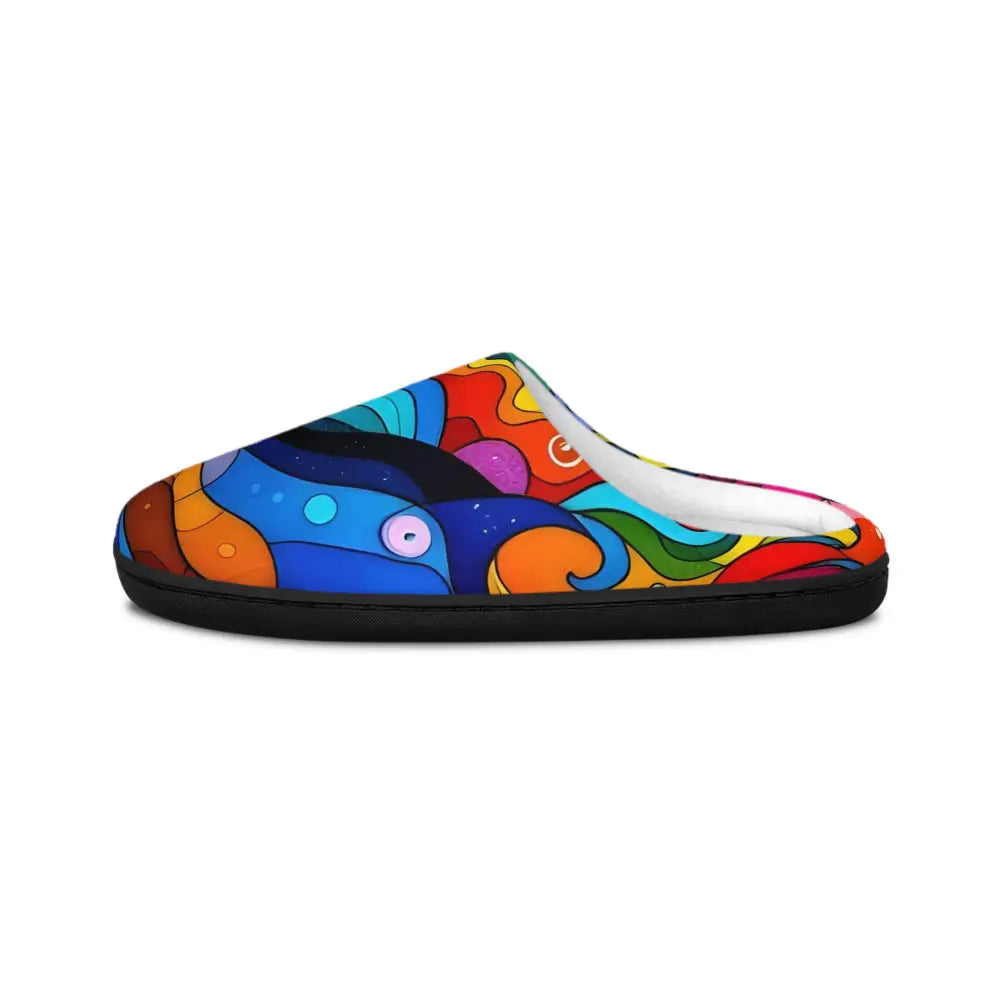 Colorful patterned women’s indoor slippers with vibrant abstract art design by PixiOnyx