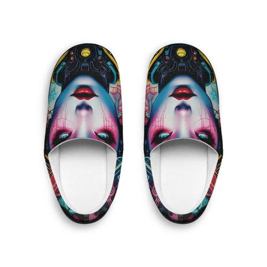 Cyberpunk-themed slippers with futuristic design in Women’s Indoor Slippers Mech Shrine Geisha by PixiOnyx