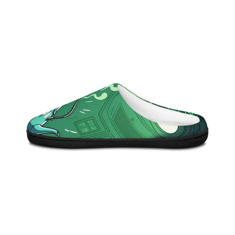 Green slipper with playful alien cartoon design for women’s indoor comfort