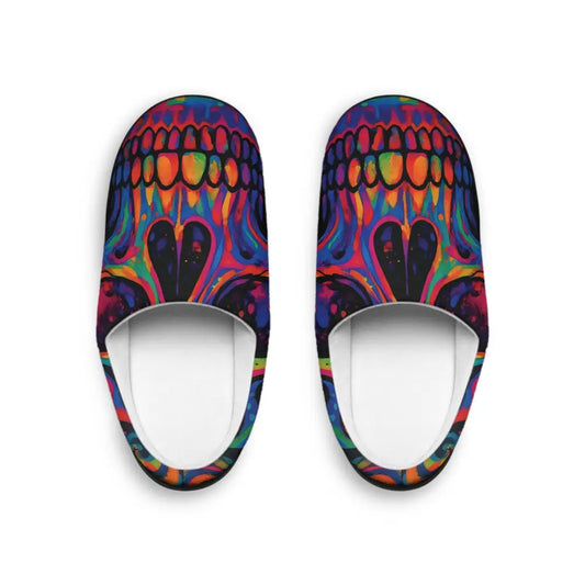 Colorful skull-patterned indoor slippers with neon skeleton art by PixiOnyx