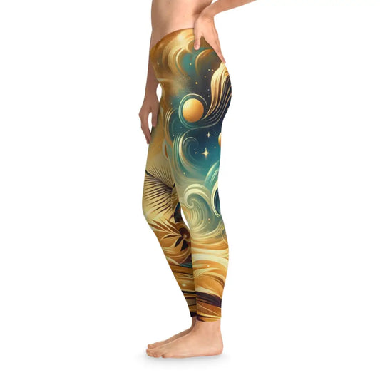 Women’s leggings featuring Nebula Bloom Cascade design from PixiOnyx Cosmic Flow Activewear