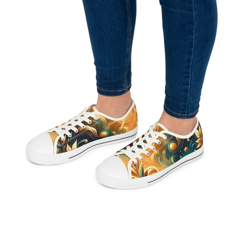Vibrant artistic patterned women’s low top sneakers from Nebula Bloom Cascade collection by PixiOnyx