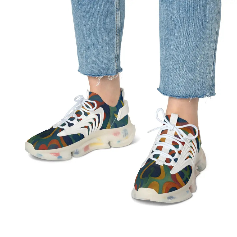 Patterned sneakers with white accents from Women’s Mesh Sneakers Craniocolor Urban Camo Psychedelic Streetwear by PixiOnyx