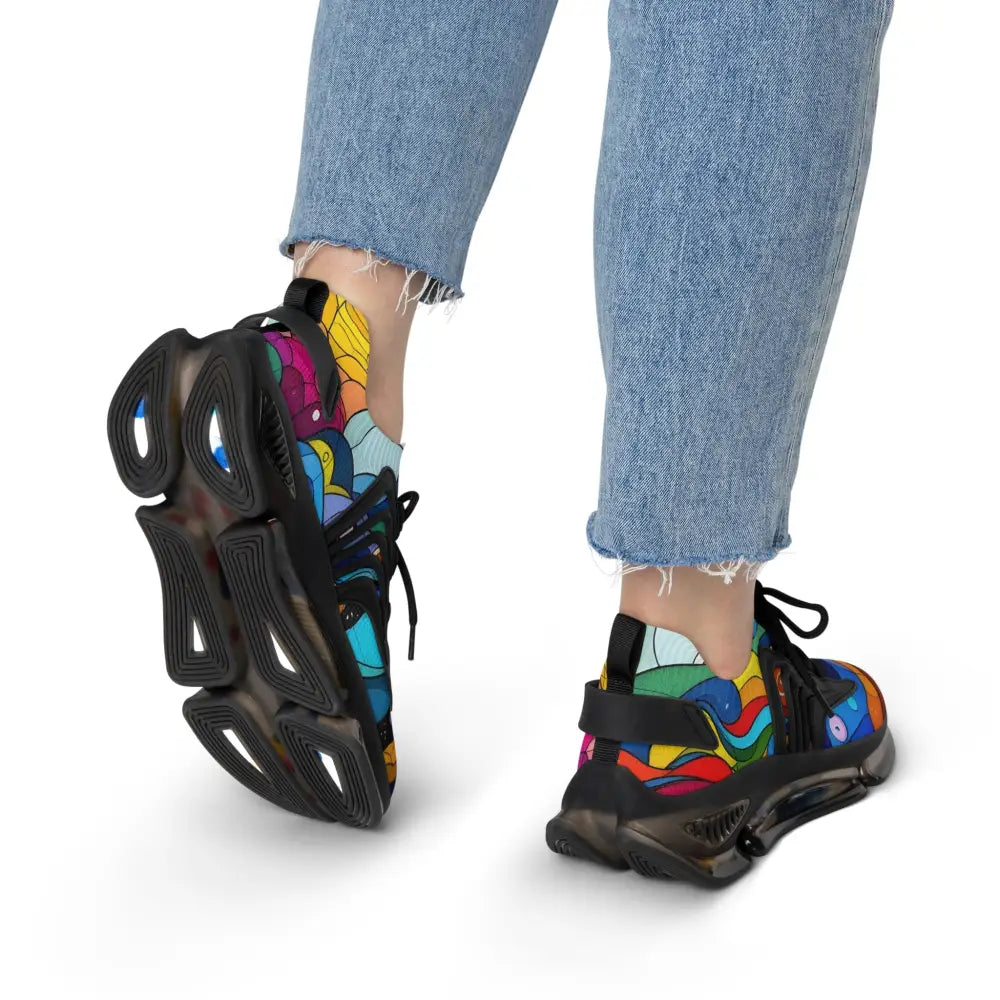 Colorful patterned women’s mesh sneakers with clear soles from PixiOnyx Kinetic Pulsewear