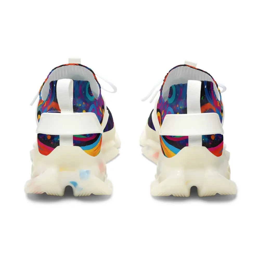 Colorful patterned athletic shoes featured in Women’s Mesh Sneakers Neon Flame PixiOnyx