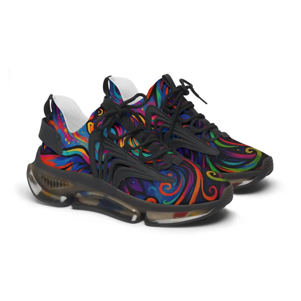 Colorful patterned running shoes from PixiOnyx Women’s Mesh Sneakers Neon Flame collection