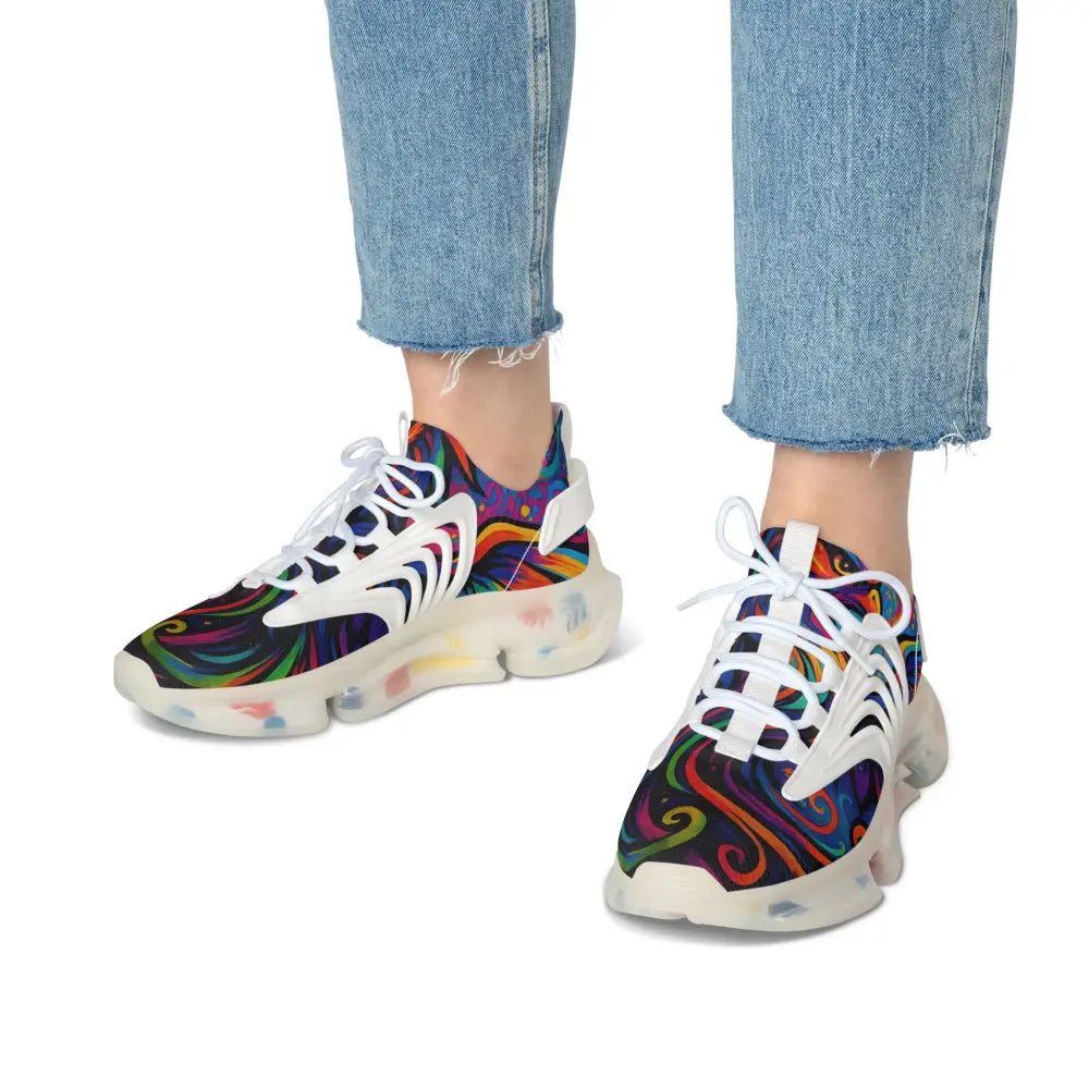 Colorful patterned sneakers from PixiOnyx Women’s Mesh Sneakers Neon Flame collection