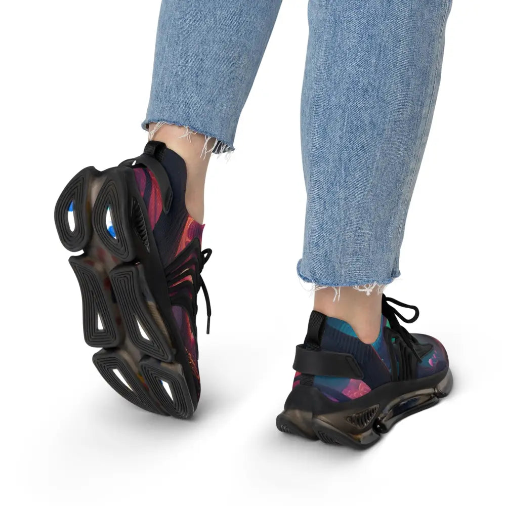 Colorful athletic shoes displayed in Women’s Mesh Sneakers Shroom Bloom PixiOnyx Surreal Streetwear