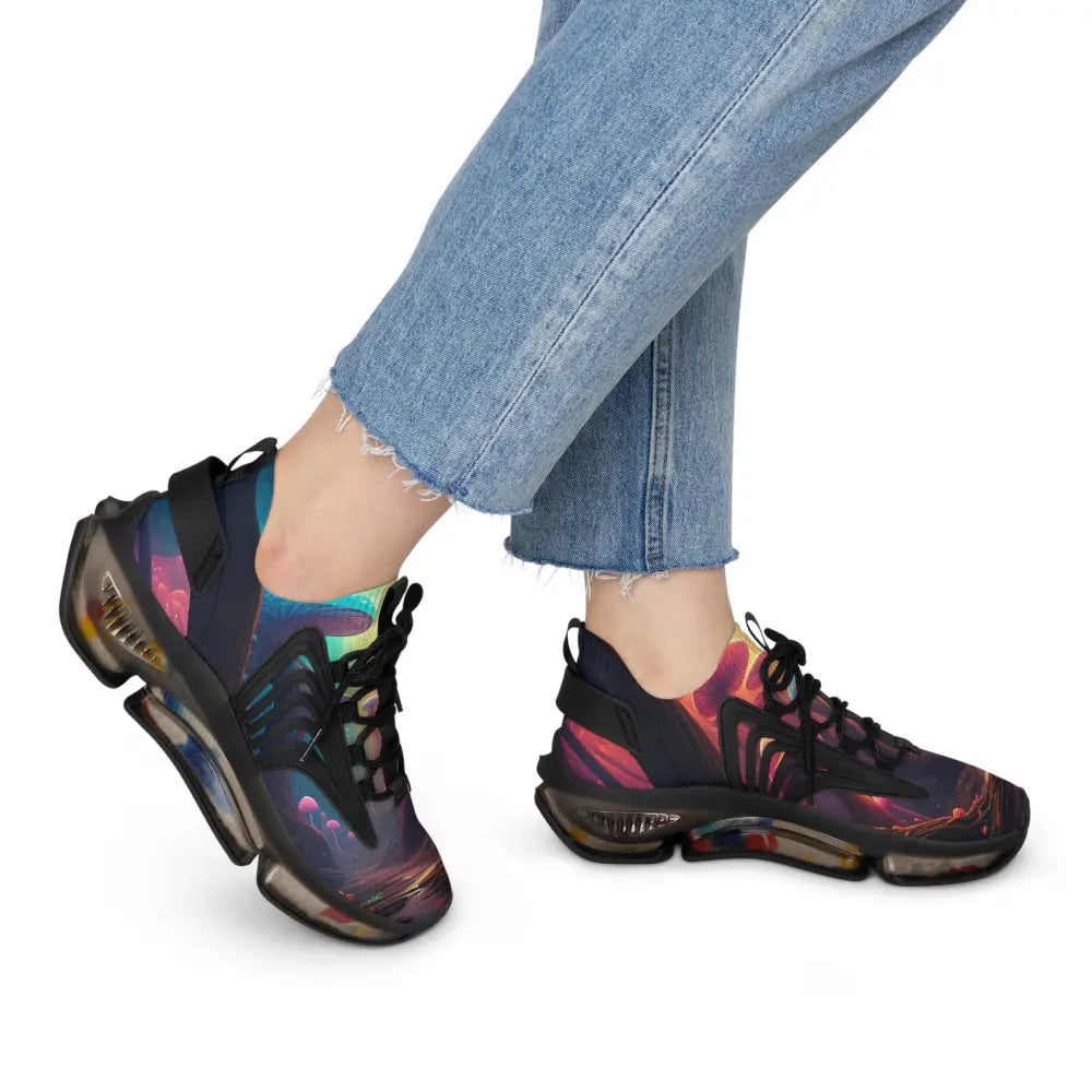 Colorful athletic shoes displayed on Women’s Mesh Sneakers Shroom Bloom PixiOnyx Surreal Streetwear