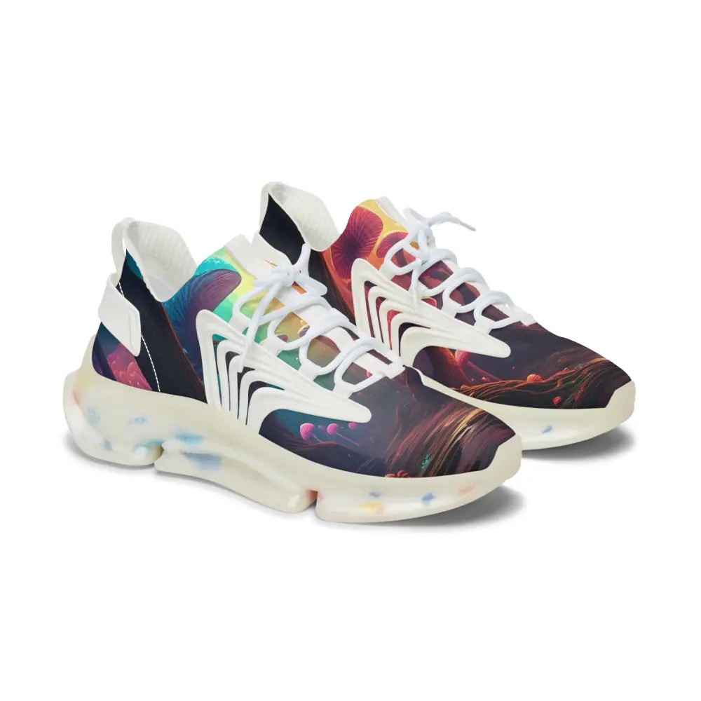 Colorful patterned women’s Mesh Sneakers in Shroom Bloom Style from PixiOnyx Surreal Streetwear
