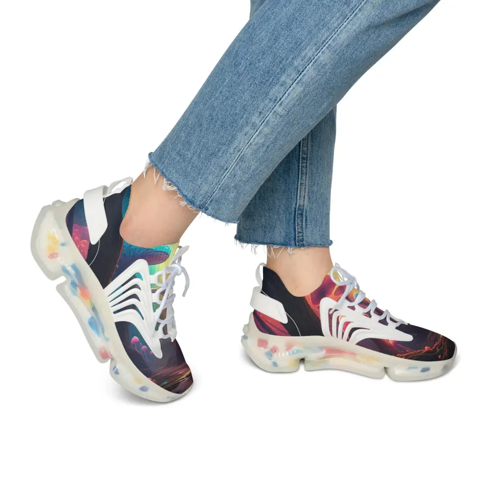 Colorful athletic shoes showcased in Women’s Mesh Sneakers Shroom Bloom PixiOnyx Surreal Streetwear