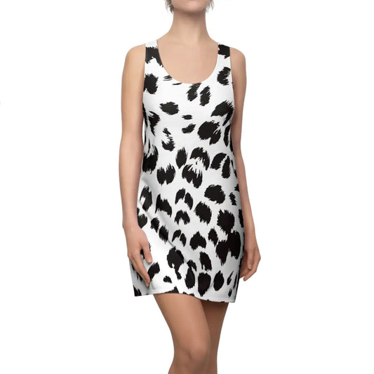 Sleeveless white dress with black animal print from PixiOnyx Women’s Racerback Dress